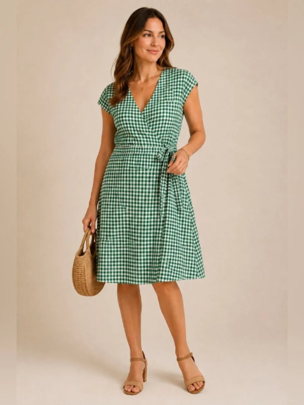 Banana Republic Women's Green & White Cotton/Linen Gingham Wrap Dress Size 0